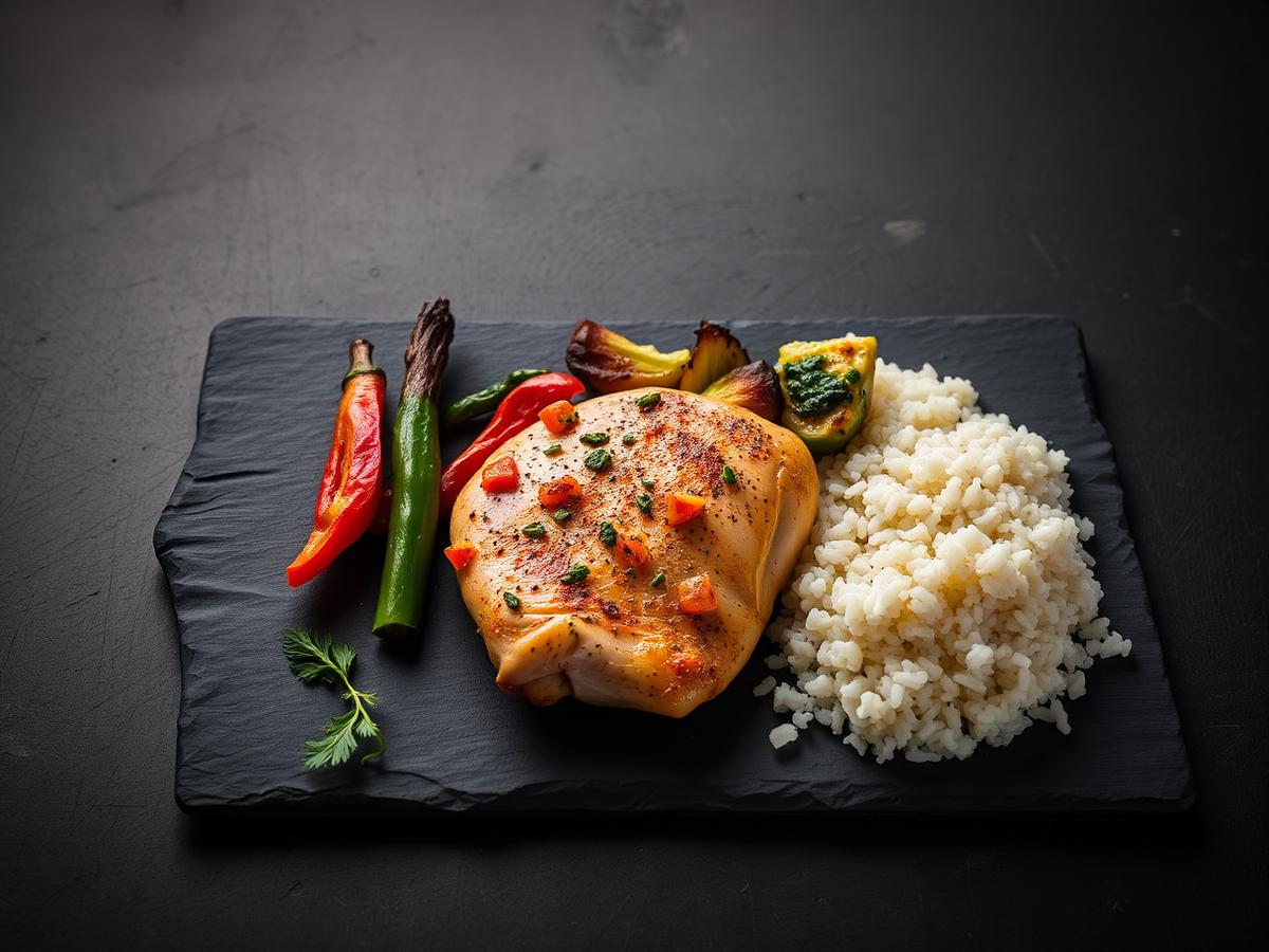 Gezonde eiwitrijke maaltijd met kip, groenten en aardappelen